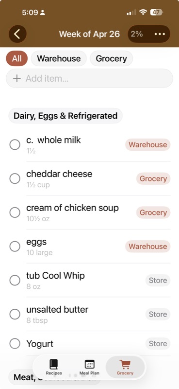 Utensl grocery list grouped by category, with each item tagged to the store where it will be purchased.