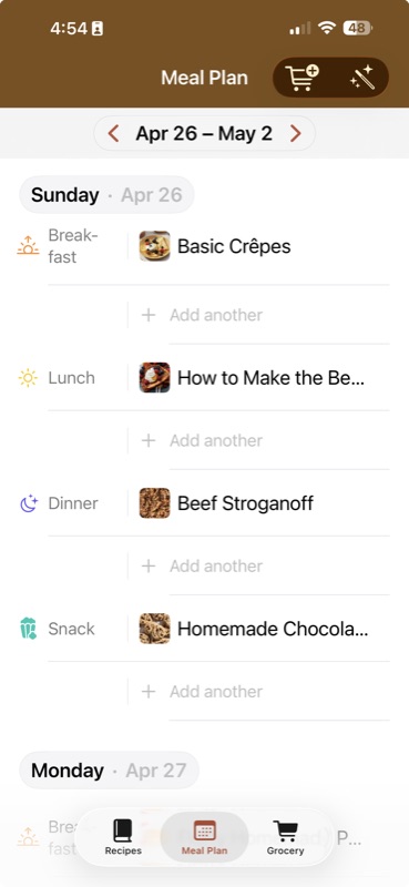 Utensl weekly meal plan, with breakfast, lunch, dinner, and snack assignments for each day of the week.