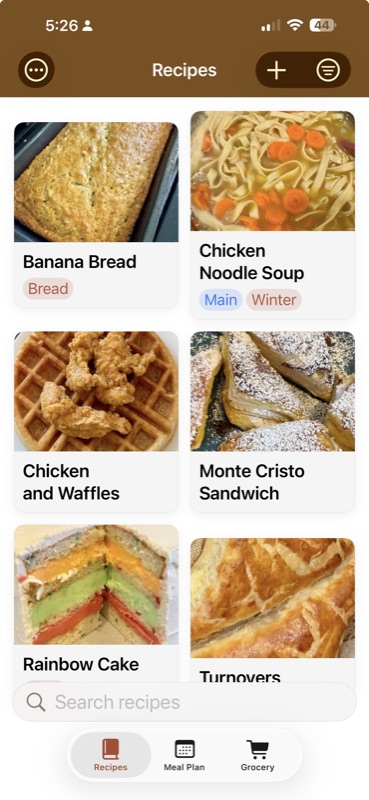 Utensl recipe library showing recipe cards for Banana Bread, Chicken Noodle Soup, Chicken and Waffles, Monte Cristo Sandwich, Rainbow Cake, and Turnovers.